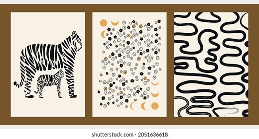 Set of three abstract minimalist aesthetic backgrounds with sun, moon, thin lines, patterns, tiger, plant. Trendy colorful vector illustration for social networks, web design in vintage boho style.