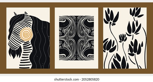 Set of three abstract minimalist aesthetic backgrounds with thin lines, patterns, horse, flowers. Trendy colorful vector illustration for social networks, web design in vintage boho style.