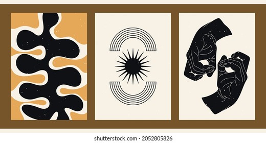 Set of three abstract minimalist aesthetic backgrounds with thin lines, patterns, sun, hand, stripes. Trendy colorful vector illustration for social networks, web design in vintage boho style.