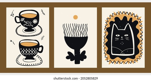 Conjunto de tres estéticos abstractos de estética minimalista con líneas finas, patrones, té, café, gato, flores. Ilustración vectorial colorida de moda para redes sociales, diseño web al estilo boho vintage.
