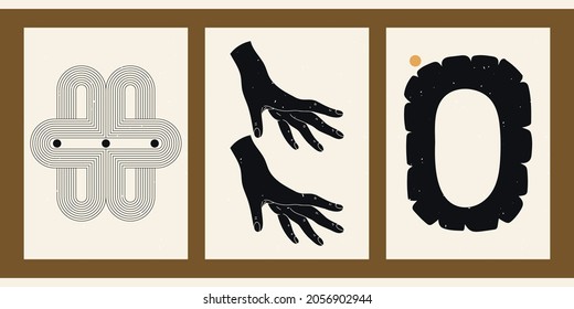 Set of three abstract minimalist aesthetic backgrounds with thin lines, patterns, sun, hand, stripes. Trendy colorful vector illustration for social networks, web design in vintage boho style.