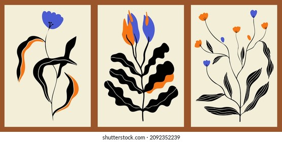 A set of three abstract minimalist aesthetic floral illustrations. Colorful silhouettes of plants on a neutral background. Modern vector posters for social media, web design in vintage style.