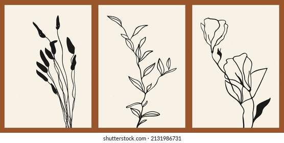 A set of three abstract minimalist aesthetic floral illustrations. Black silhouettes of plants on a light background. Modern monochrome vector posters for social media, web design in vintage style.