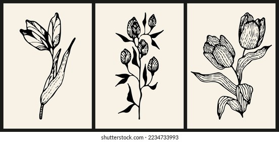 A set of three abstract minimalist aesthetic floral illustrations. Black silhouettes of plants on a light background. Modern monochrome vector posters for social media, tattoo design in vintage style.