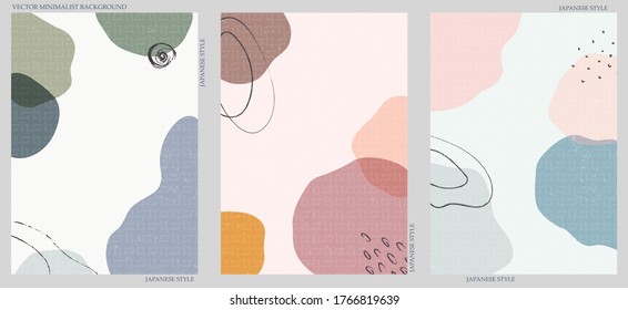 Set of three abstract minimalist backgrounds. Hand-drawn illustrations with japanese wave pattern for  for wall decoration, postcard or brochure, cover design, stories, social media, app design.