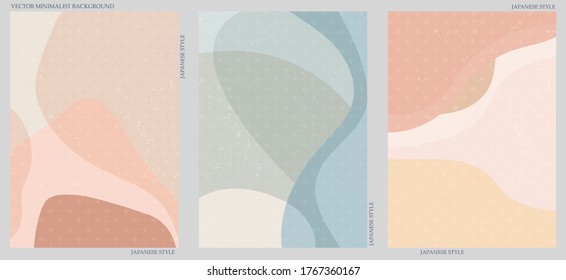 Set of three abstract minimalist backgrounds. Hand-drawn illustrations with japanese wave pattern for  for wall decoration, postcard or brochure, cover design, stories, social media, app design.