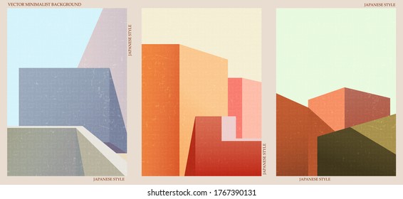 Set of three abstract minimalist backgrounds. Hand-drawn illustrations with japanese geometric pattern for for wall decoration, postcard or brochure, cover design, stories, social media, app design.