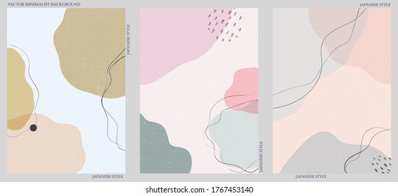 Conjunto de tres orígenes abstractos minimalistas. Ilustraciones dibujadas a mano con el patrón ondulado japonés para la decoración de paredes, postales o folletos, diseño de portadas, historias, medios sociales, diseño de aplicaciones.