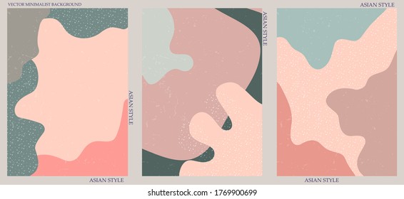 Set of three abstract minimalist backgrounds. Hand-drawn illustrations with japanese wave pattern for  for wall decoration, postcard or brochure, cover design, stories, social media, app design.