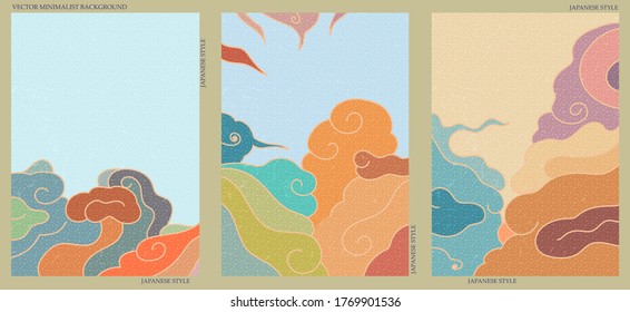 Set of three abstract minimalist backgrounds. Hand-drawn illustrations with japanese wave pattern for  for wall decoration, postcard or brochure, cover design, stories, social media, app design.