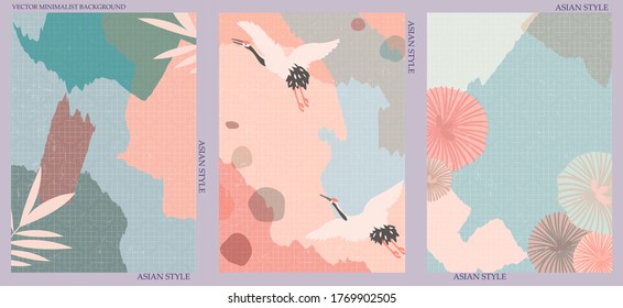Set of three abstract minimalist backgrounds. Hand-drawn illustrations with japanese geometric  pattern for  for wall decoration, postcard or brochure, cover design, stories, social media, app design.