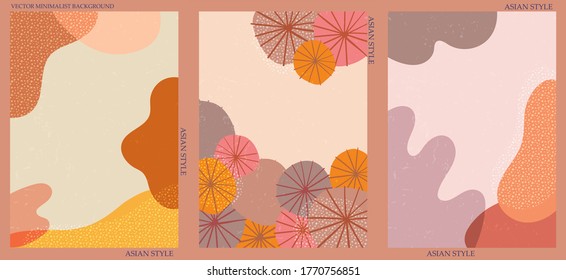 Set of three abstract minimalist backgrounds. Hand-drawn illustrations with japanese geometric pattern for  for wall decoration, postcard or brochure, cover design, stories, social media, app design.