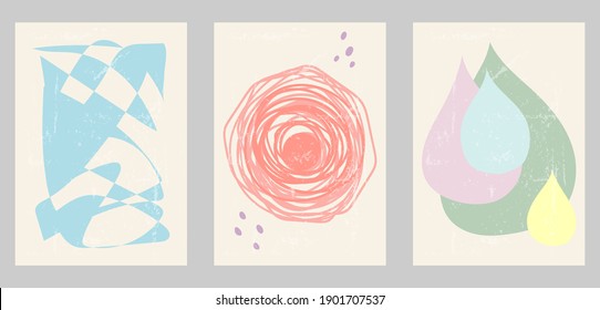 Set of three abstract minimalist backgrounds. Hand-drawn illustrations with dots, doodles, lines, shapes for wall decoration, postcard or brochure, cover design, stories, social media, app design.