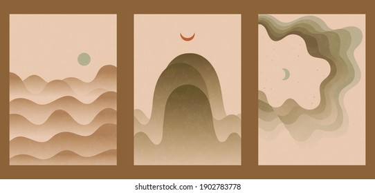 Set of three abstract minimalist backgrounds. Hand-drawn illustrations with wave pattern for  for wall decoration, postcard or brochure, cover design, stories, social media, app design.