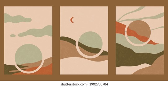 Set of three abstract minimalist backgrounds. Hand-drawn illustrations with wave pattern for  for wall decoration, postcard or brochure, cover design, stories, social media, app design.