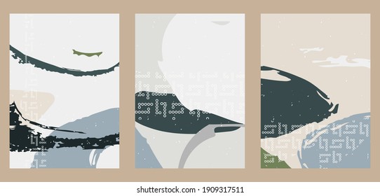 Conjunto de tres orígenes abstractos minimalistas. Ilustraciones hechas a mano con el patrón geométrico japonés para la decoración de paredes, postal o folleto, diseño de portadas, historias, medios sociales, diseño de aplicaciones.
