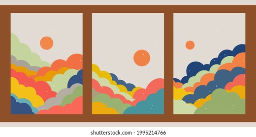 Set of three abstract minimalist backgrounds. Hand-drawn illustrations with rainbow clouds. Trendy colorful vector poster for social networks, web design, wall decoration in vintage style.