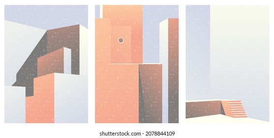 Conjunto de tres orígenes abstractos minimalistas. Ilustraciones arquitectónicas con patrón geométrico japonés para la decoración de paredes, postal o folleto, diseño de portadas, historias, medios sociales, diseño de aplicaciones