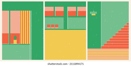 Set of three abstract minimalist backgrounds. Vector illustrations with architecture, buildings for for wall decoration, postcard or brochure, cover design, stories, social media, app design.