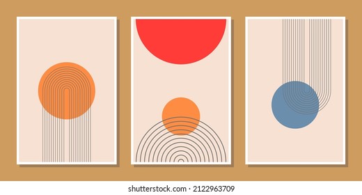Set of three abstract minimalist compositions mid century style wall decoration with circles and arch lines