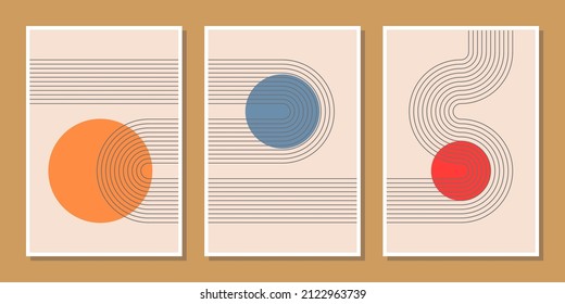 Set of three abstract minimalist compositions mid century style wall decoration with circles and arch lines