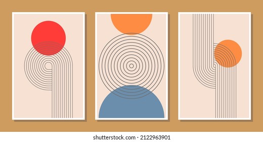 Set of three abstract minimalist compositions mid century style wall decoration with circles and arch lines