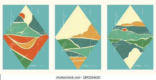 Set of three abstract minimalist hand drawn illustrations for wall decoration, postcard or brochure, cover design, stories, social media, app design. Doodle vintage background with landscape, shapes.