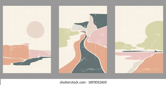 Set of three abstract minimalist hand drawn illustrations for wall decoration, postcard or brochure, cover design, stories, social media, app design. Doodle vintage background with landscape, shapes.