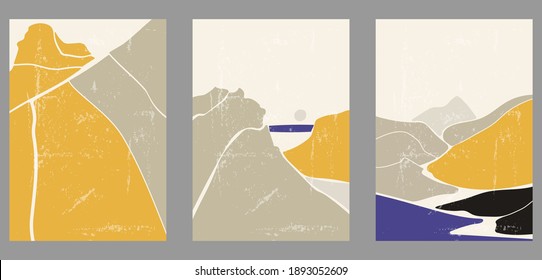 Set von drei abstrakten minimalistischen handgezeichneten Illustrationen für die Wanddekoration, Postkarte oder Broschüre, Cover-Design, Geschichten, Social Media, App-Design. Doodle Vintage Hintergrund mit Landschaft, Formen.