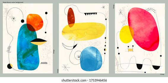 Set of three abstract minimalist hand-drawn illustrations for wall decoration, postcard or brochure, cover design. Doodle backgrounds contains various shapes, spots, drops, lines. Memphis style.