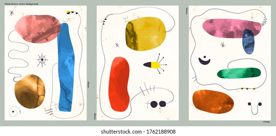 Set of three abstract minimalist hand-drawn illustrations for wall decoration, postcard or brochure, cover design. Doodle backgrounds contains various shapes, spots, drops, lines. Memphis style.