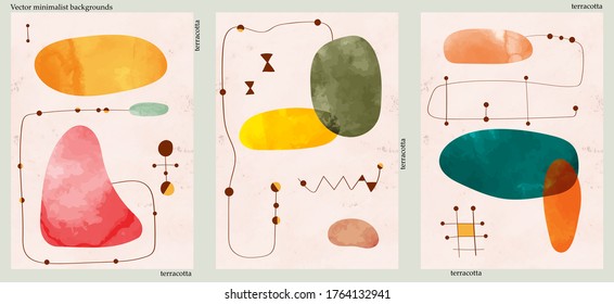 Set of three abstract minimalist hand-drawn illustrations for wall decoration, postcard or brochure, cover design. Doodle backgrounds contains various shapes, spots, drops, lines.