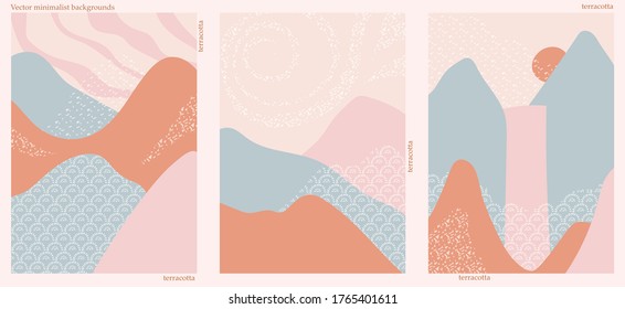 Set of three abstract minimalist hand-drawn illustrations for wall decoration, postcard or brochure, cover design. Doodle backgrounds contains various shapes, spots, drops, lines.