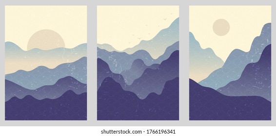 Set of three abstract minimalist hand-drawn illustrations for wall decoration, postcard or brochure, cover design, stories, social media, app design. Japanese style with wave pattern. 