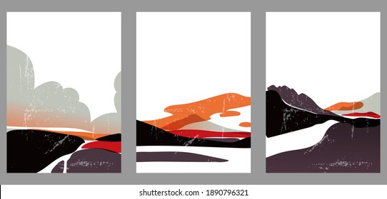 Set of three abstract minimalist hand-drawn illustrations for wall decoration, postcard or brochure, cover design, stories, social media, app design.  Doodle background with landscape, shapes, spots.