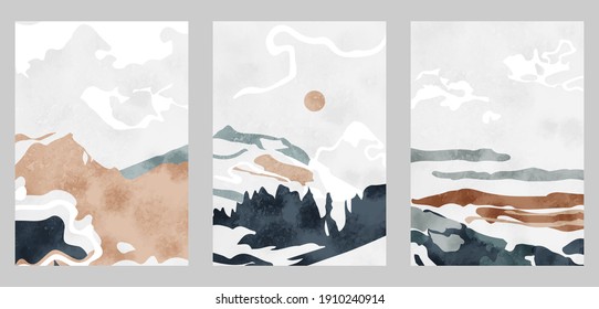 Set of three abstract minimalist hand-drawn illustrations for wall decoration, postcard or brochure, cover design, stories, social media, app design. Japanese style with watercolor pattern. 