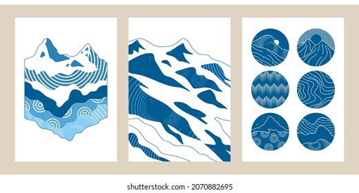 Conjunto de tres ilustraciones abstractas minimalistas dibujadas a mano para la decoración de paredes, postales o folletos, diseño de portadas, historias, medios sociales, diseño de aplicaciones. Estilo japonés con acuarela. 