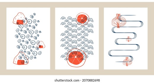 Set of three abstract minimalist hand-drawn illustrations for wall decoration, postcard or brochure, cover design, stories, social media, app design. Japanese style with watercolor pattern. 