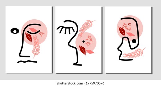 Set three of abstract Minimalist line art face wall art. Creative women face one continuous line set. Pink flowers wall decor. Cubism artwork wall Decorations. Can use for background, greetings cards.
