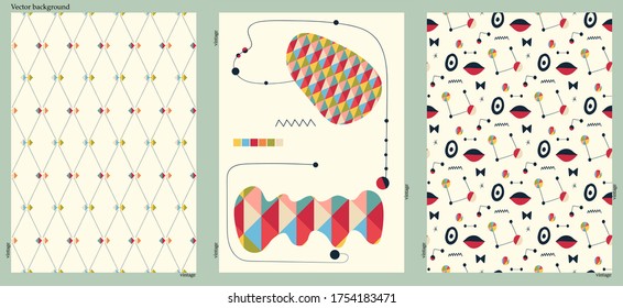 Set of three abstract minimalist seamless illustrations for wall decoration, postcard or brochure, cover design. Doodle backgrounds contains various shapes, spots, drops, lines. Memphis style.