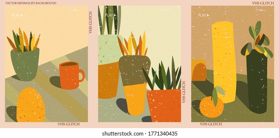 Set of three abstract minimalist vector backgrounds. Hand-drawn illustrations with VHS glitch pattern for wall decoration, postcard or brochure, cover design, stories, social media, app design. 