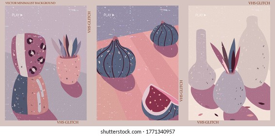 Set of three abstract minimalist vector backgrounds. Hand-drawn illustrations with VHS glitch pattern for wall decoration, postcard or brochure, cover design, stories, social media, app design. 