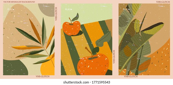 Conjunto de tres fondos abstractos de vector minimalista. Ilustraciones hechas a mano con un patrón de brillo VHS para la decoración de paredes, postales o folletos, diseño de portadas, historias, medios sociales, diseño de aplicaciones. 