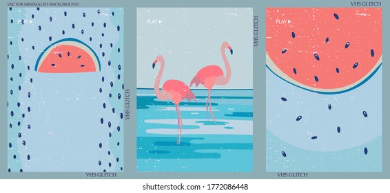 Set of three abstract minimalist vector backgrounds. Hand-drawn illustrations with VHS glitch pattern for wall decoration, postcard or brochure, cover design, stories, social media, app design. 