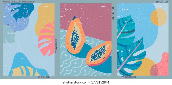 Set of three abstract minimalist vector backgrounds. Hand-drawn illustrations with VHS glitch pattern for wall decoration, postcard or brochure, cover design, stories, social media, app design. 
