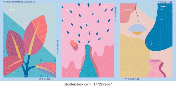 Set of three abstract minimalist vector backgrounds. Hand-drawn illustrations with VHS glitch pattern for wall decoration, postcard or brochure, cover design, stories, social media, app design. 