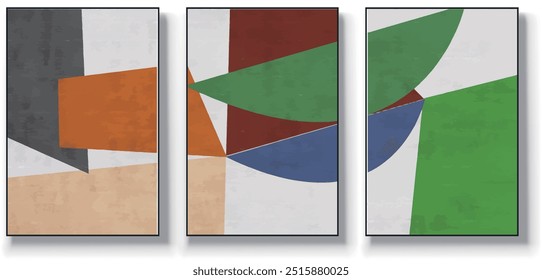 Conjunto de tres fondos de Vector minimalistas abstractos. Ilustraciones dibujadas a mano con patrones de arte geométrico.