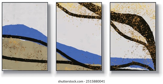 Conjunto de três planos de fundo vetoriais minimalistas abstratos. Ilustrações desenhadas à mão com padrões geométricos de arte.