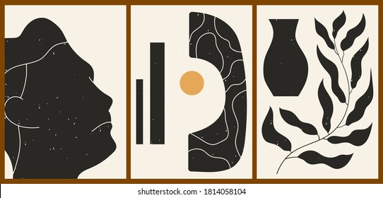 Set of three abstract minimalistic aesthetic backgrounds with male face, shapes, leaves, vase. Trendy colorful vector illustration for social networks, web design in vintage boho style.