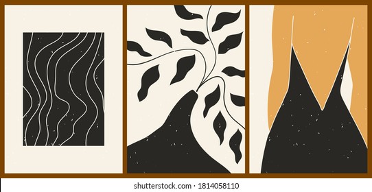 Set of three abstract minimalistic aesthetic backgrounds with leaves, lines, female silhouette, pattern. Trendy colorful vector illustration for social networks, web design in vintage boho style.